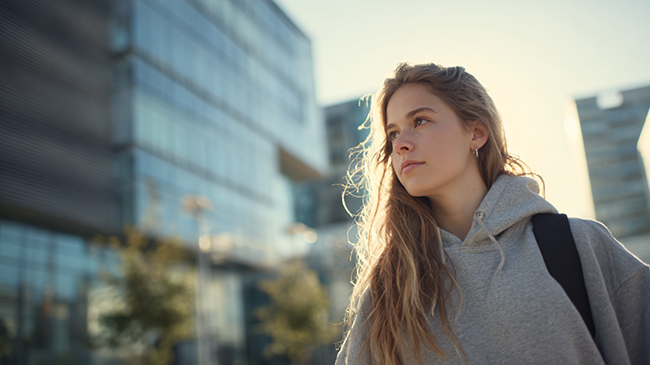 Девушка в сером худи на фоне современных зданий в городе